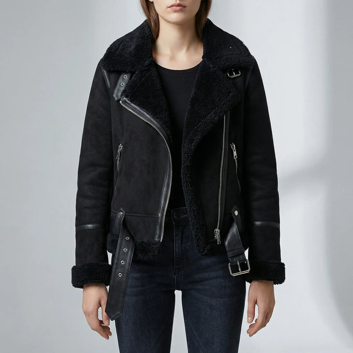 Zelvique - Chaqueta estilo motero con forro de borrego