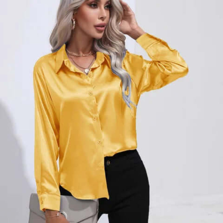 Blusa de Satín Suelta de Manga Larga para Mujer