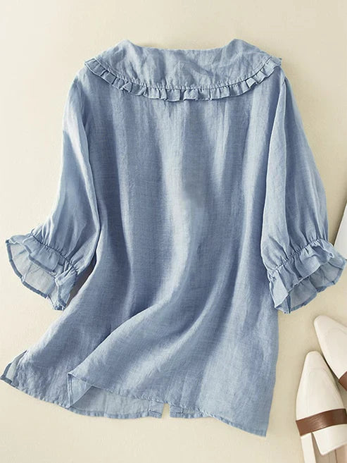 Camisa de mujer de algodón y lino con cuello Peter Pan fruncido