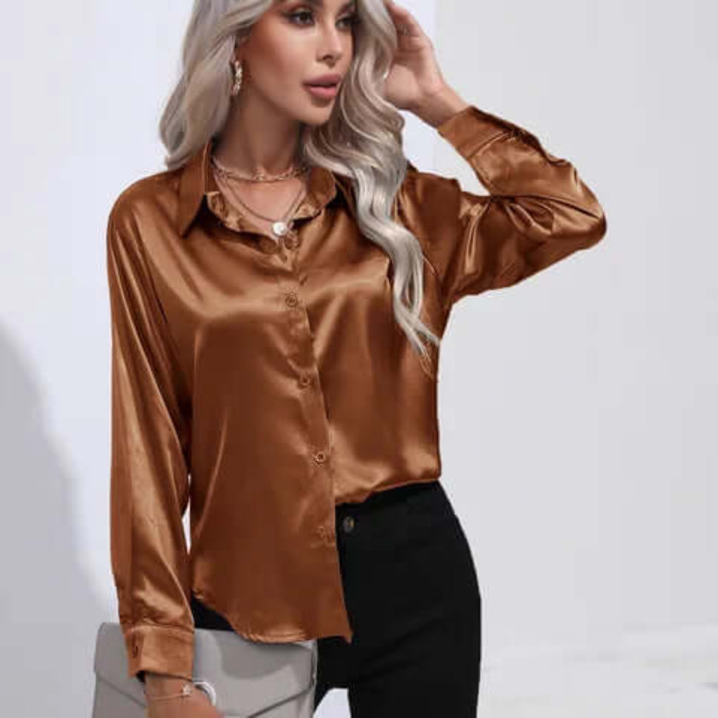 Blusa de Satín Suelta de Manga Larga para Mujer