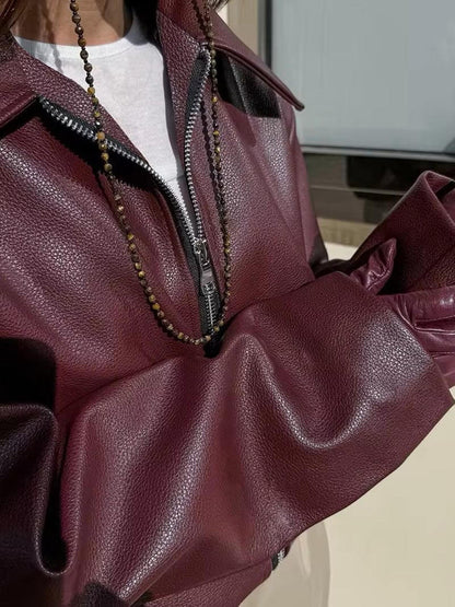 Chaqueta de piel sintética burdeos para mujer