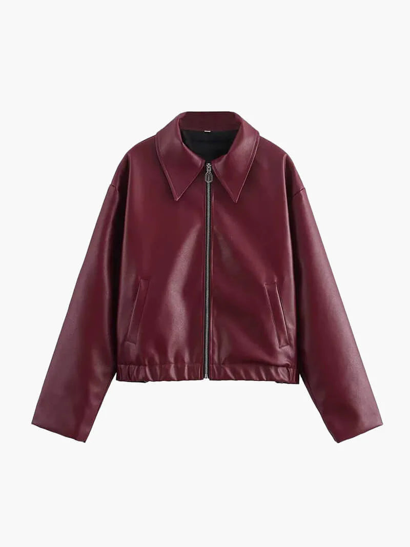 Chaqueta de piel sintética burdeos para mujer