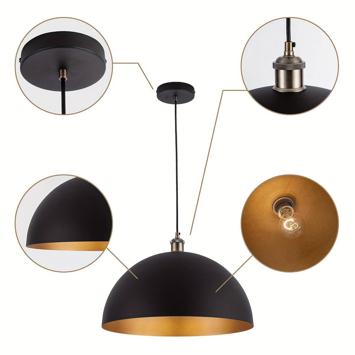 Davinor - Lámpara Colgante Industrial Vintage con Acabado Negro y Dorado