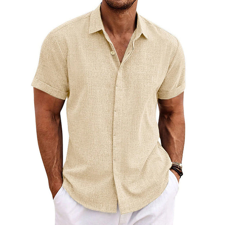 Camisa de Manga Corta para Hombre en Mezcla de Algodón y Lino