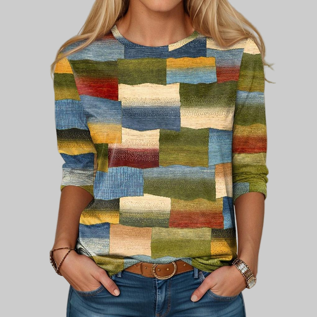 Camiseta Cuello Redondo Bloque Multicolor – Ajuste Suelto para Declaración Diaria