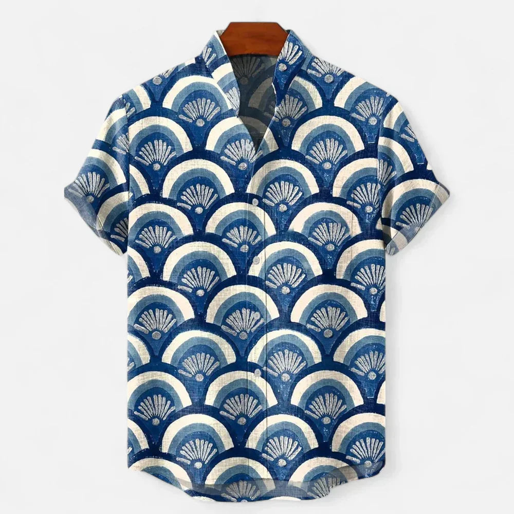 Camisa de Manga Corta con Imagen Artística Premium de Lino para Hombres