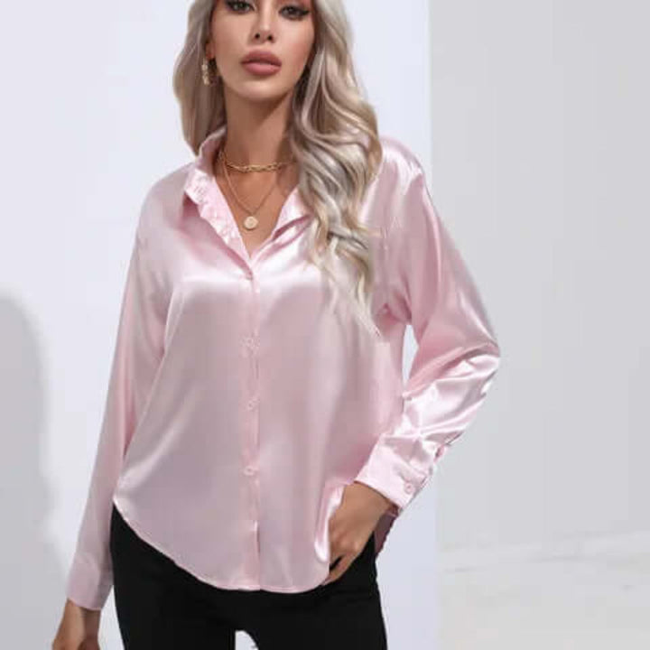 Blusa de Satín Suelta de Manga Larga para Mujer