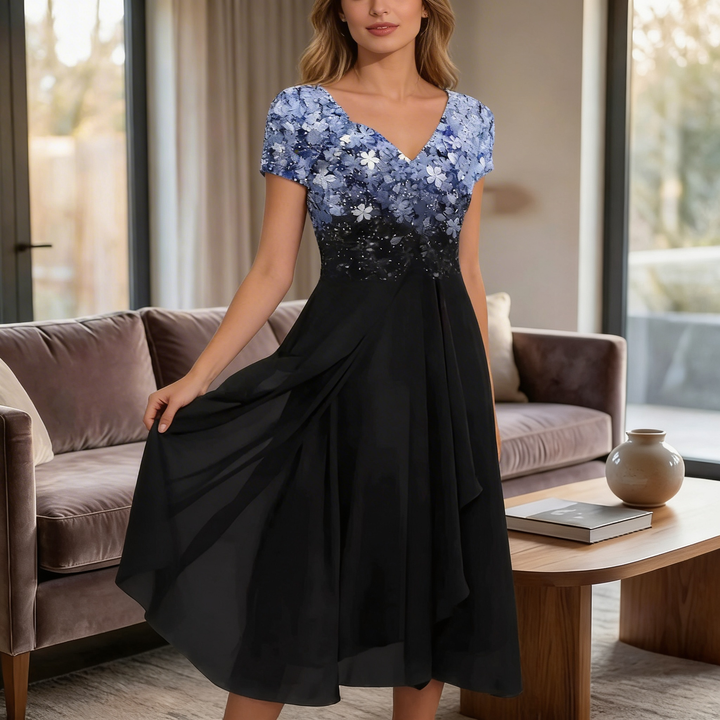 Vestido Midi con Estampado Floral y Cuello en V para Mujeres