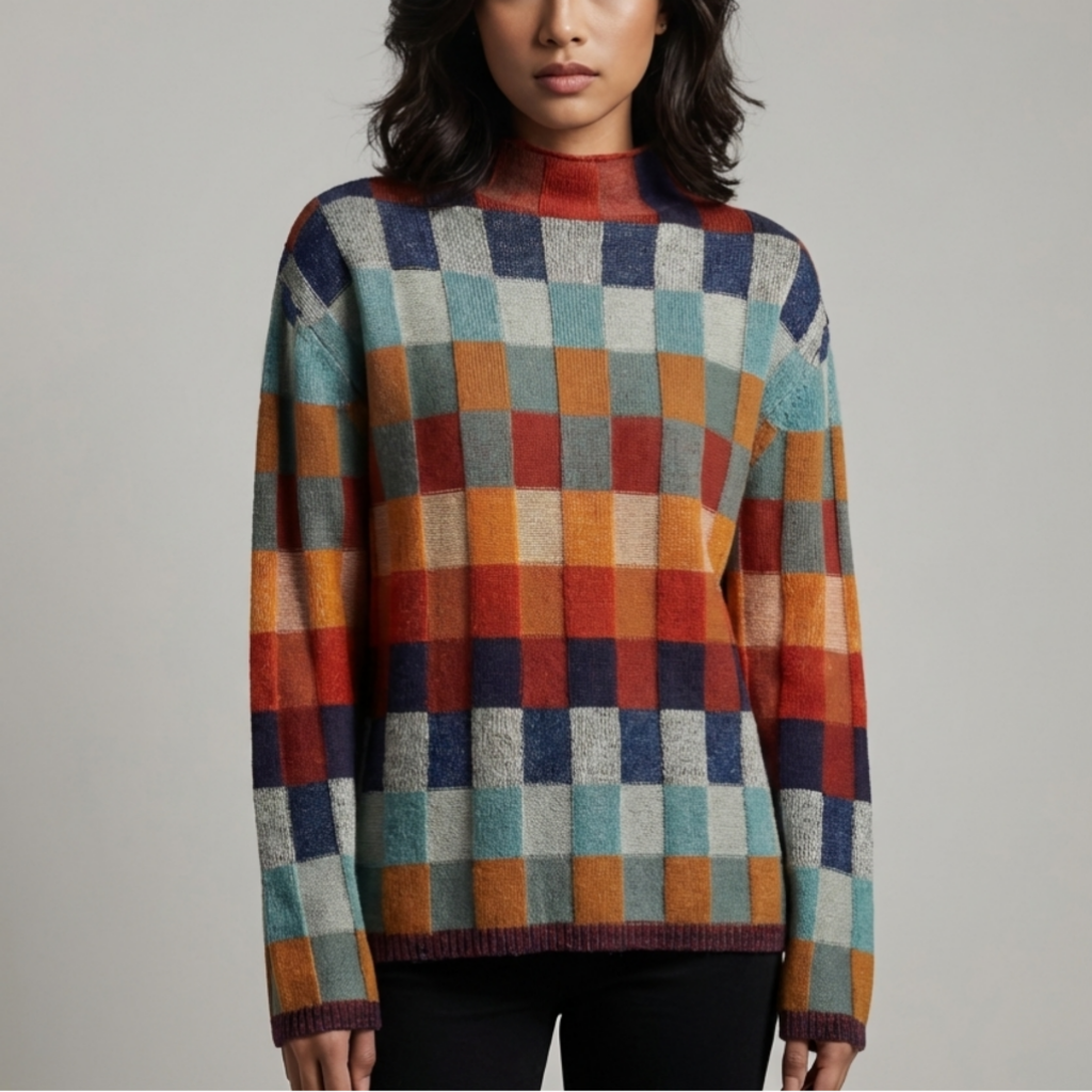 Suéter de Tricot Color Block de Cuello Alto para Mujeres
