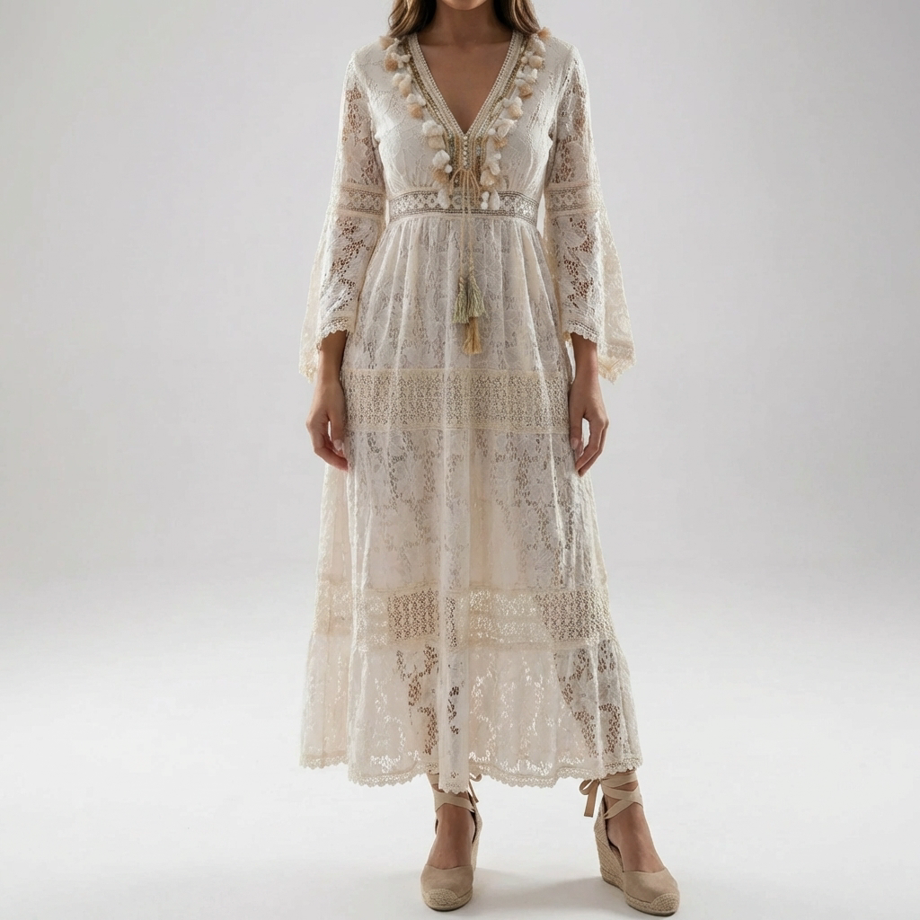 Vestido Maxi de Encaje con Mangas Acampanadas