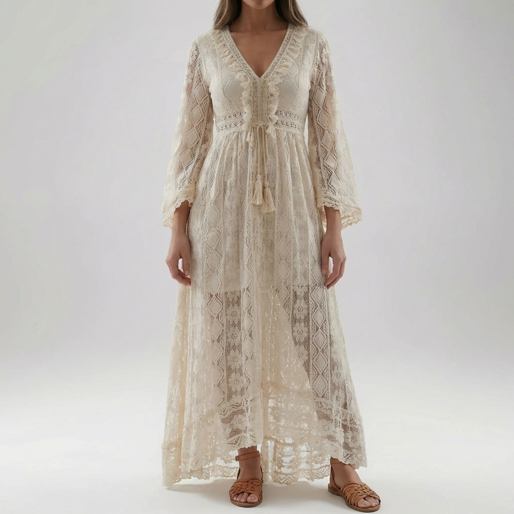 Vestido Maxi de Encaje con Mangas Acampanadas