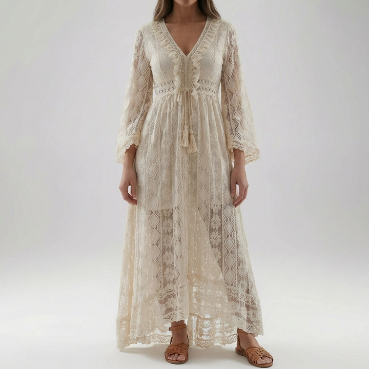 Vestido Maxi de Encaje con Mangas Acampanadas