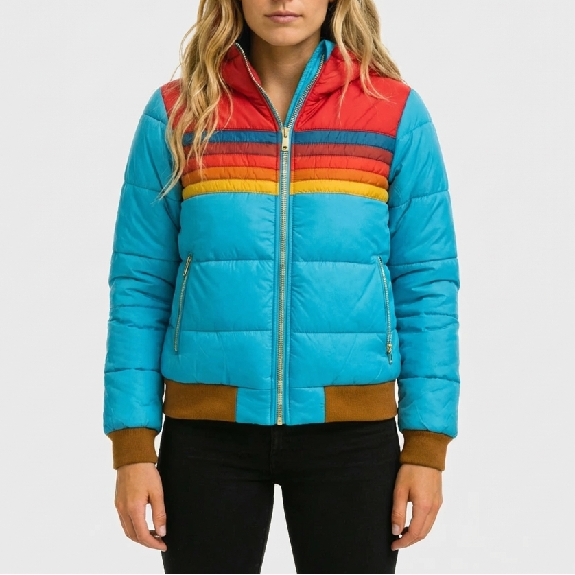 Chaqueta Puffer a Rayas Retro con Capucha para Mujeres