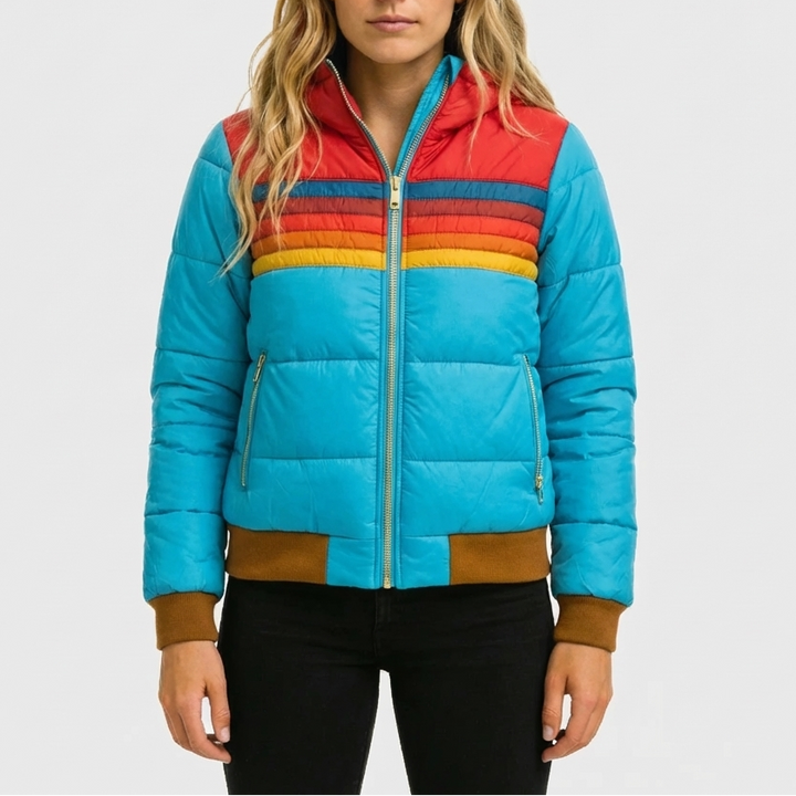 Chaqueta Puffer a Rayas Retro con Capucha para Mujeres