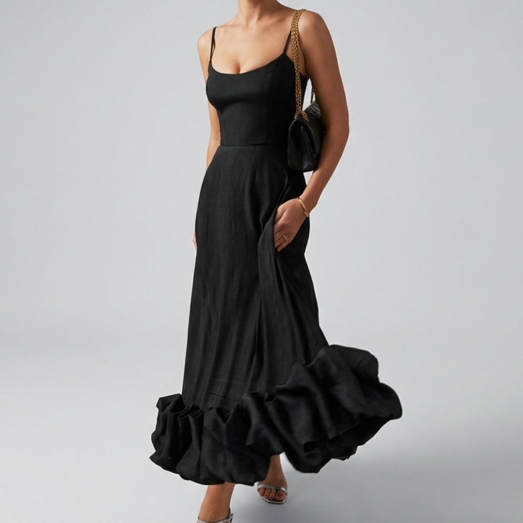 Vestido Midi Elegante de Noche con Volantes para Mujeres