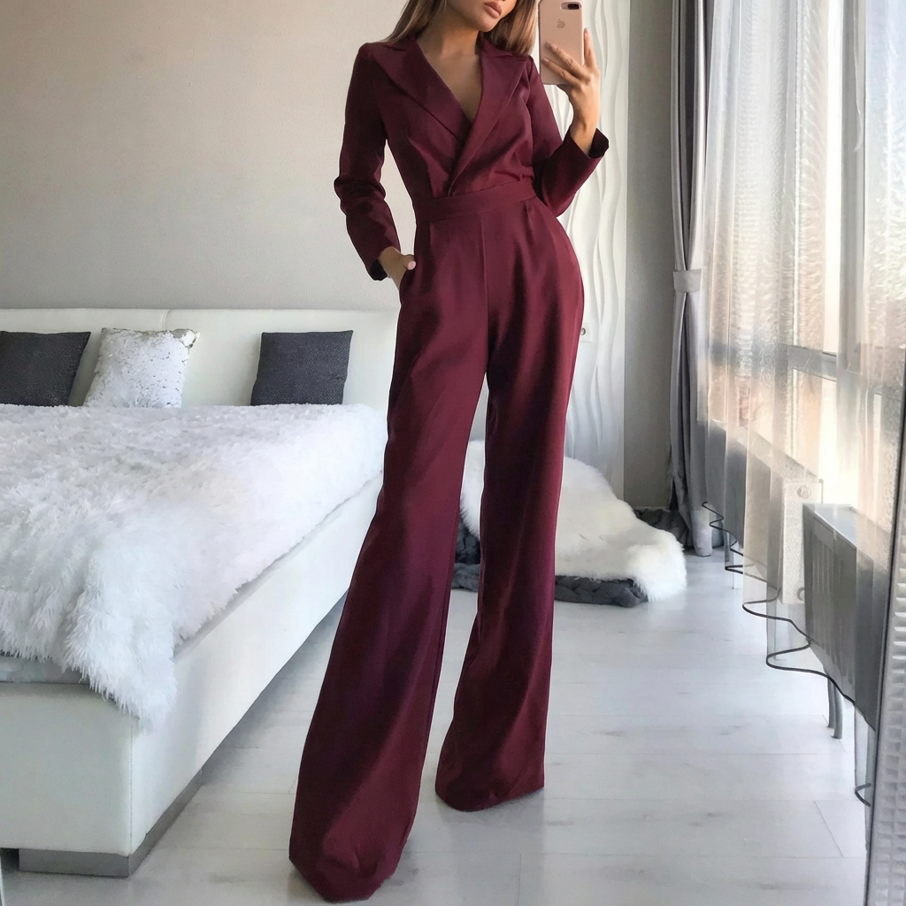 Mono de Cuello en V con Pantalones Anchos para Mujeres