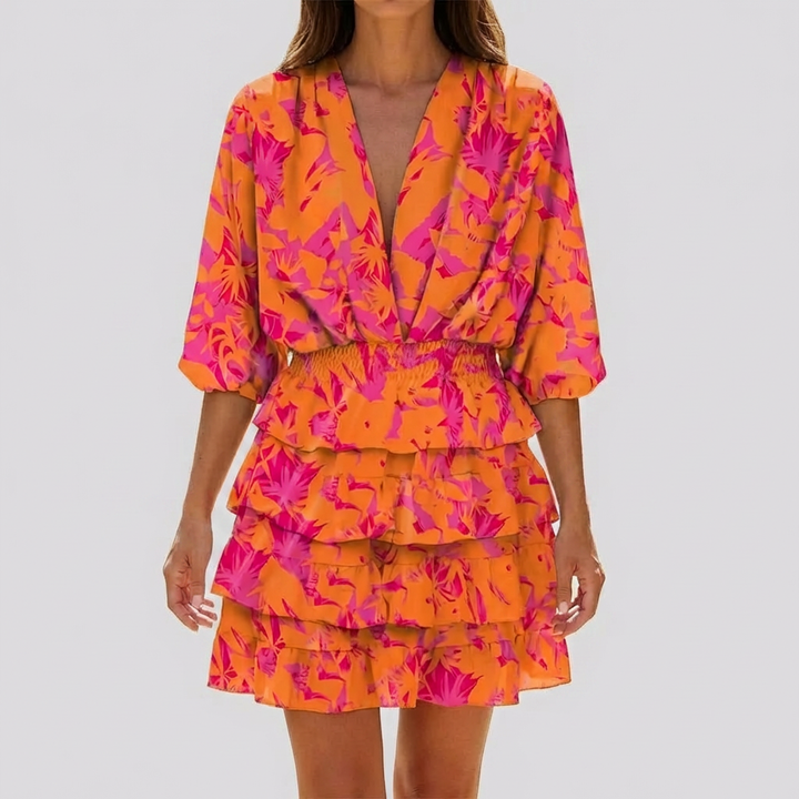 Vestido Mini con Cuello en V y Estampado Geométrico para Mujeres
