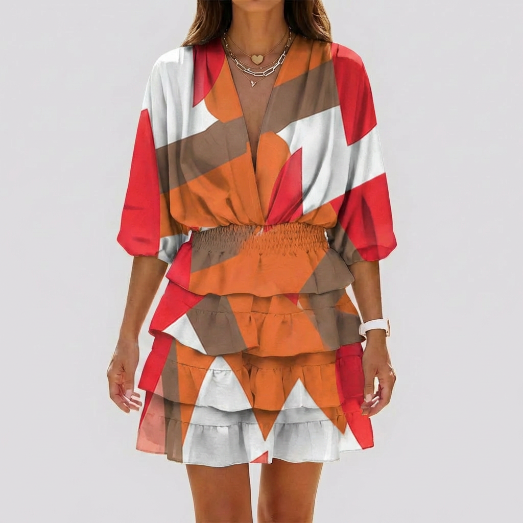 Vestido Mini con Cuello en V y Estampado Geométrico para Mujeres