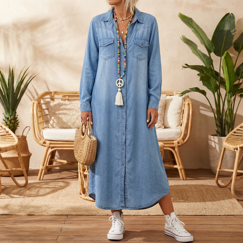 Vestido de Denim de Manga Larga para Mujeres