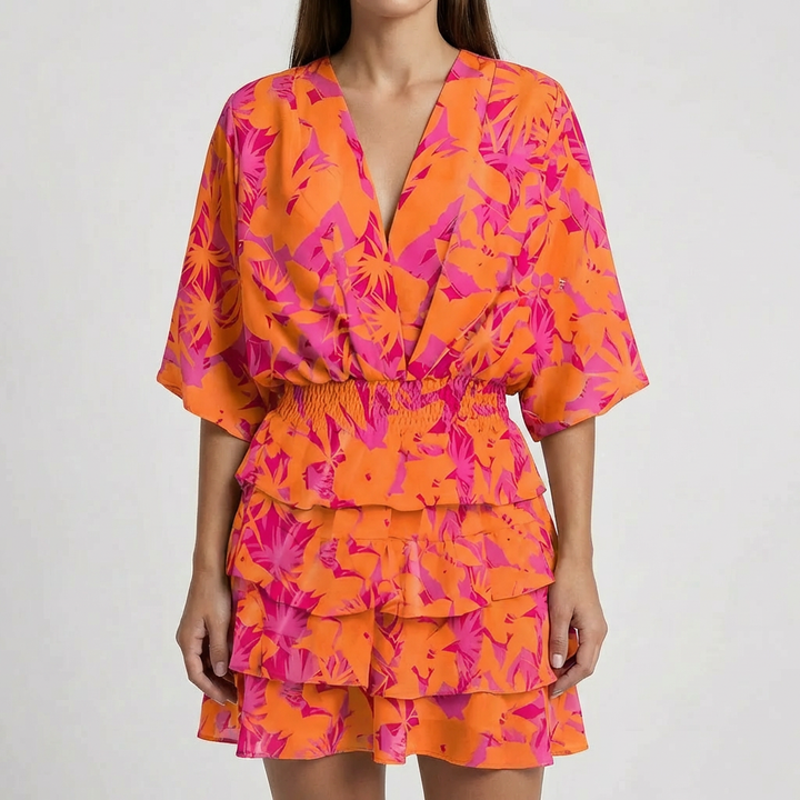 Vestido Mini Manga Batwing Cuello en V Profundo