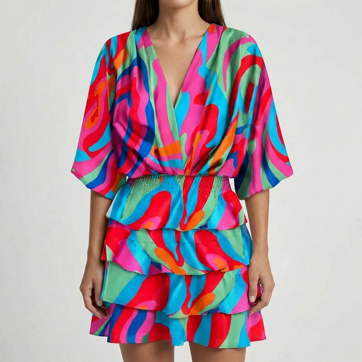 Vestido Mini Manga Batwing Cuello en V Profundo