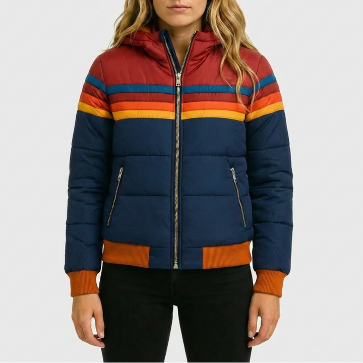 Chaqueta Puffer a Rayas Retro con Capucha para Mujeres