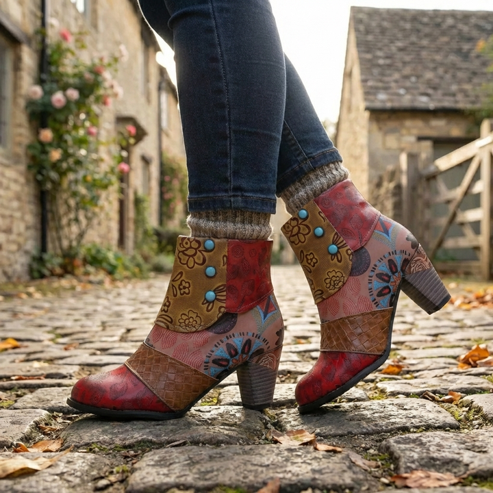 Botín de Tacón Bajo con Estampado Patchwork