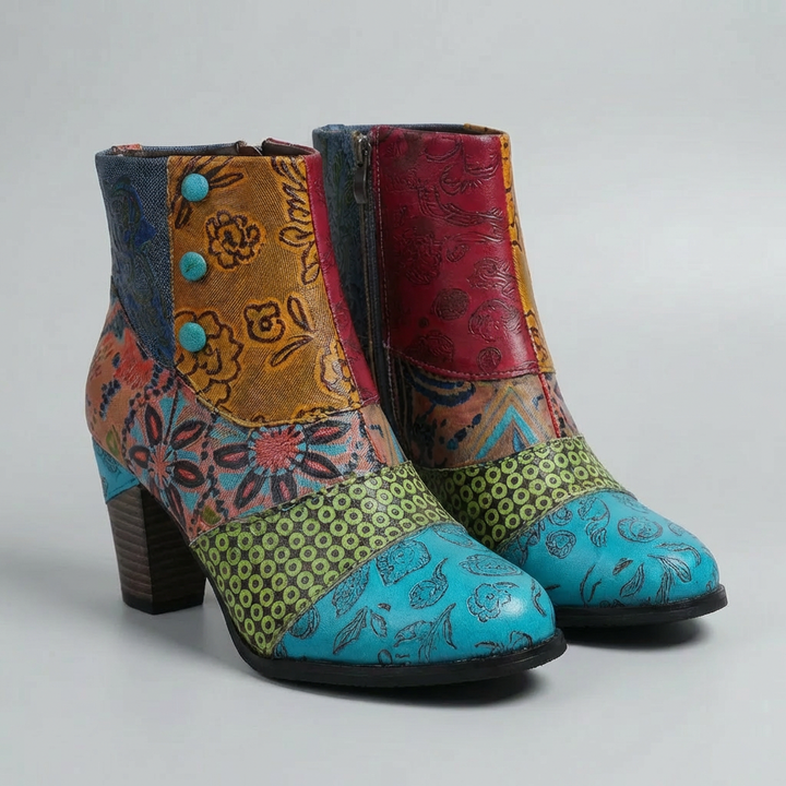 Botín de Tacón Bajo con Estampado Patchwork
