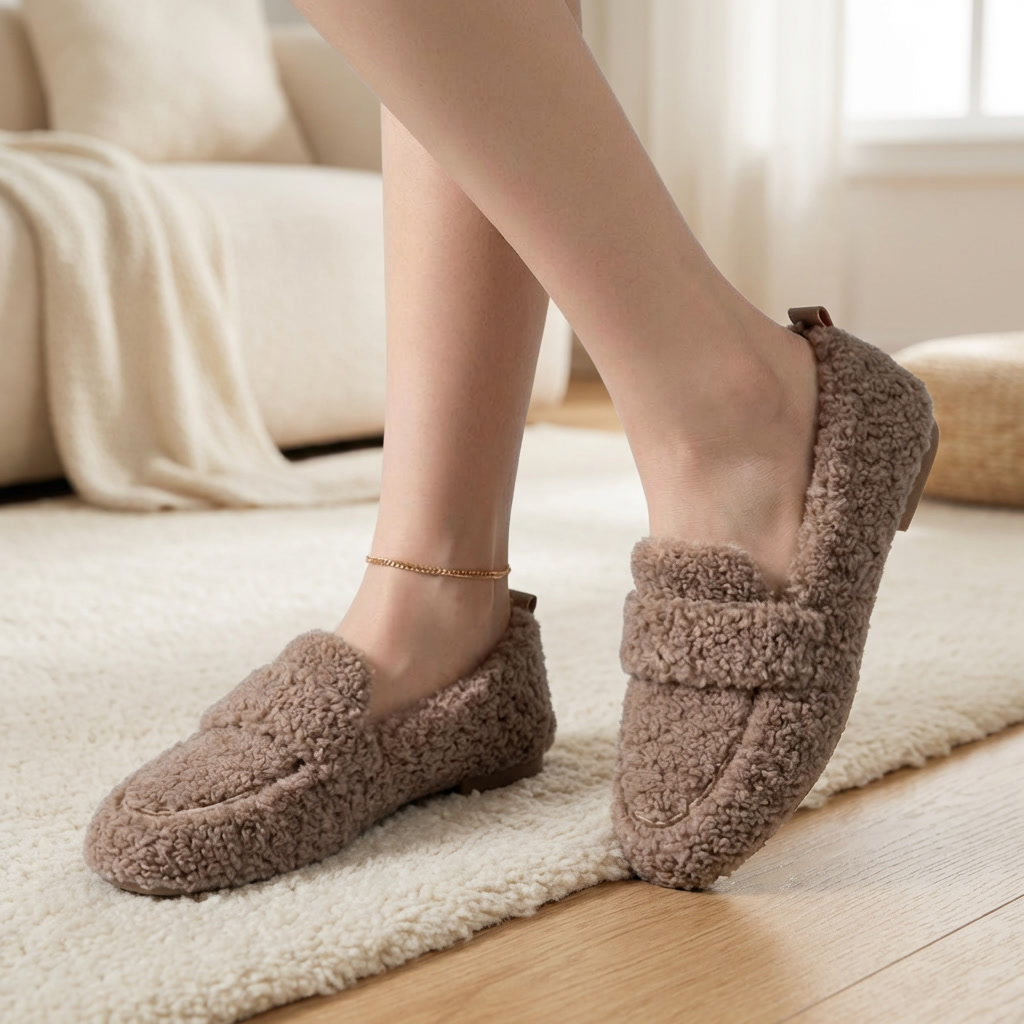 Zapatilla Plana de Peluche Sin Cordones