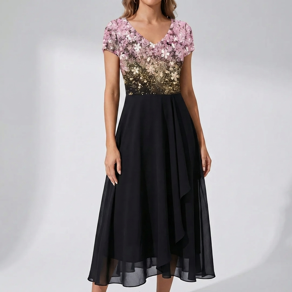 Vestido Midi con Estampado Floral y Cuello en V para Mujeres