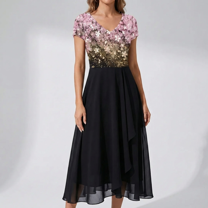 Vestido Midi con Estampado Floral y Cuello en V para Mujeres