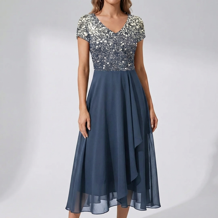 Vestido Midi con Estampado Floral y Cuello en V para Mujeres