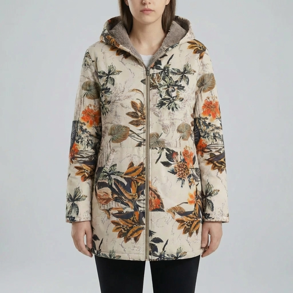 Abrigo de Invierno con Capucha Estampado Floral para Mujeres