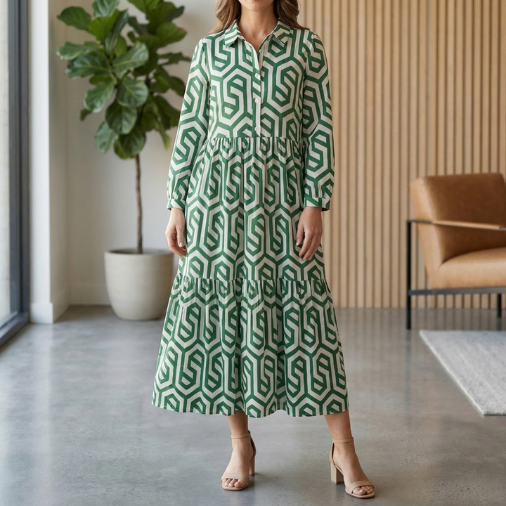 Vestido Midi Imprimido Geométrico de Manga Larga