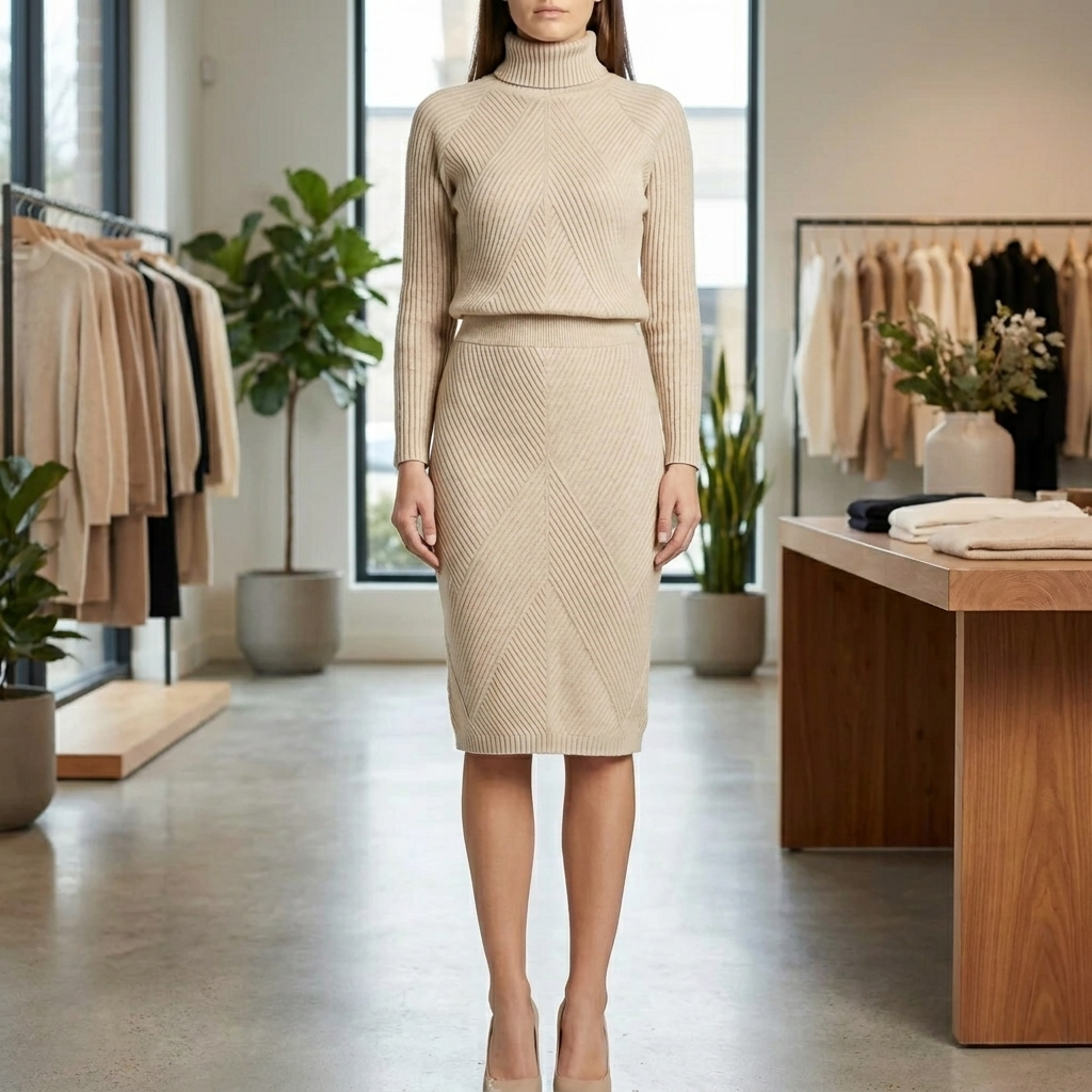 Vestido Midi de Cuello Alto de Manga Larga
