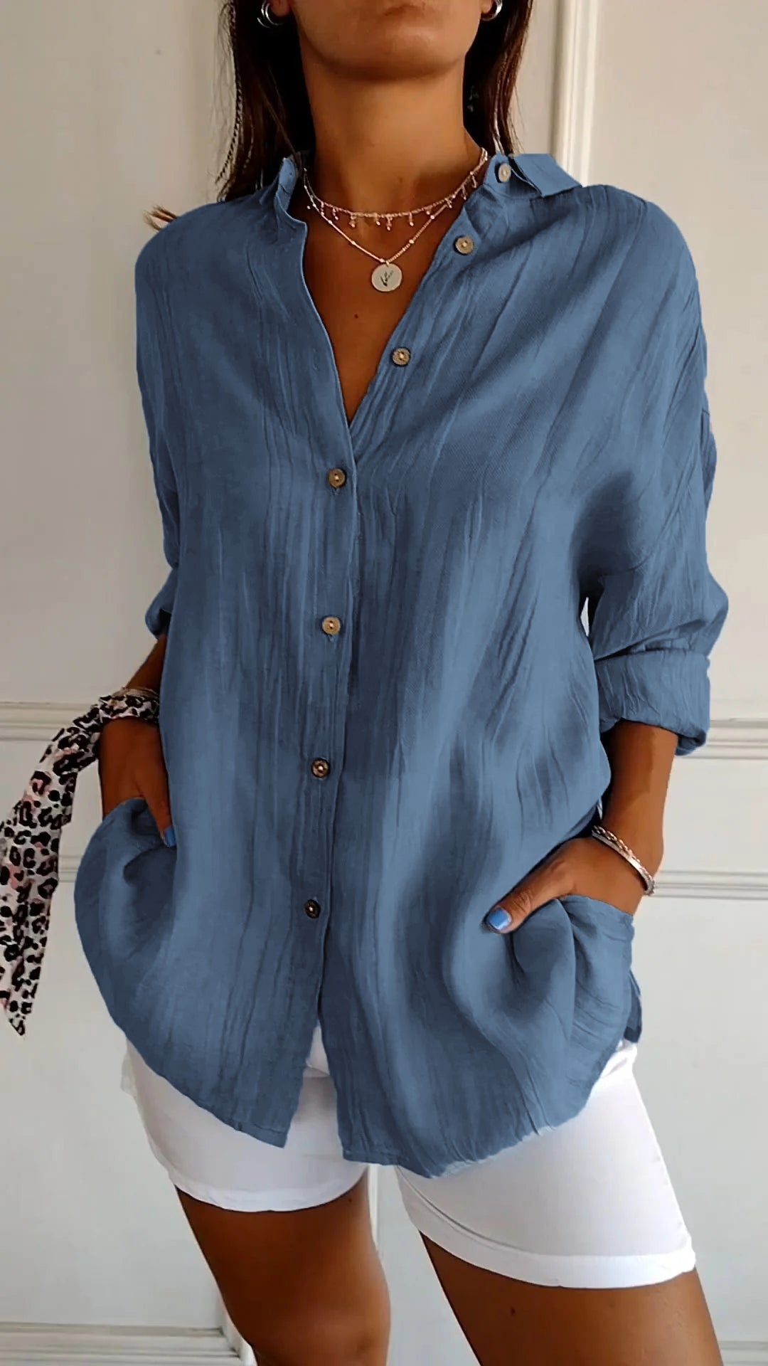 Blusa Elegante de Lino con Cuello en V para Mujer