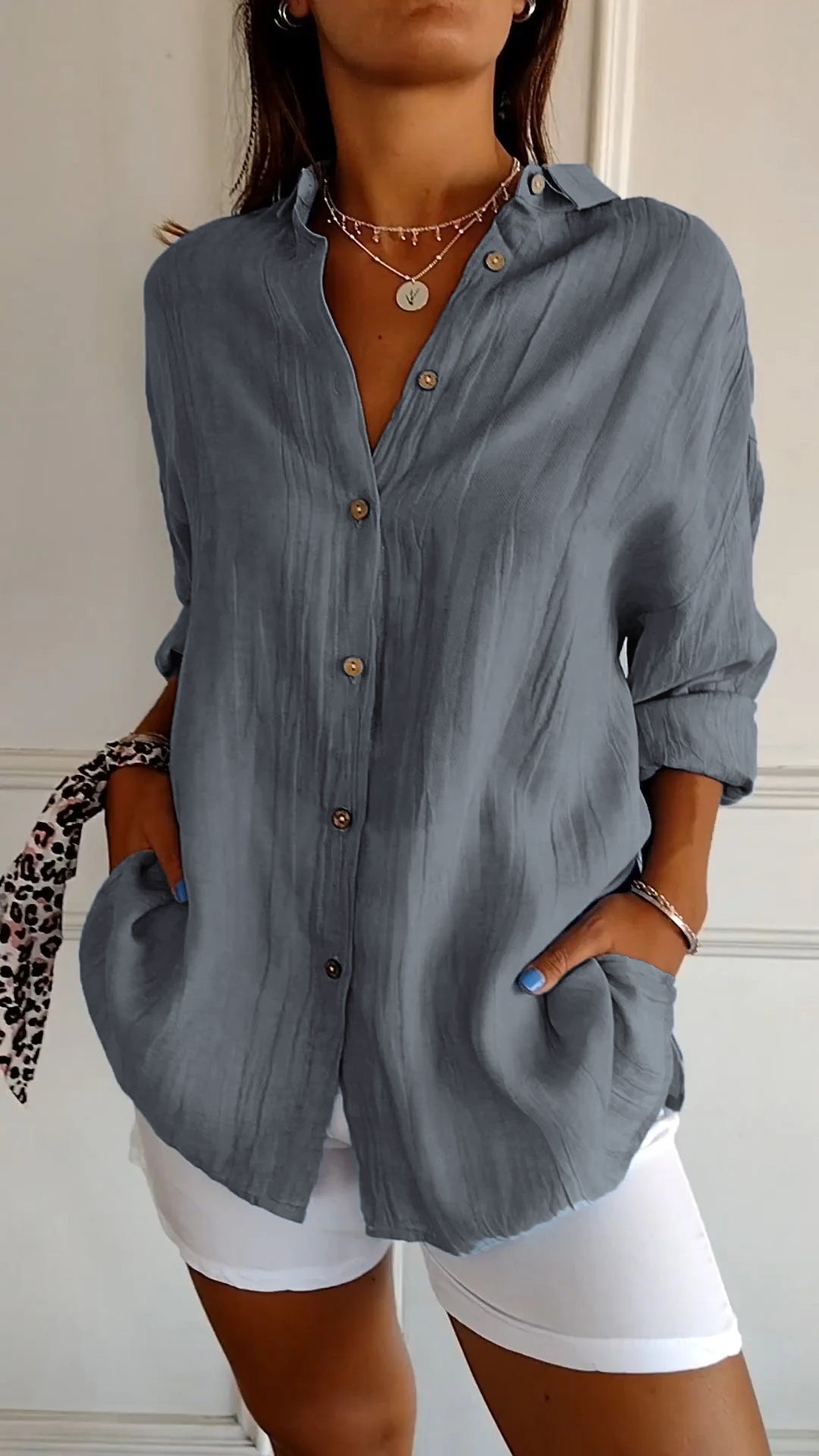 Blusa Elegante de Lino con Cuello en V para Mujer