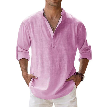 Camisa de Lino Estilo Henley para Hombre, Ideal para la Primavera y el Verano