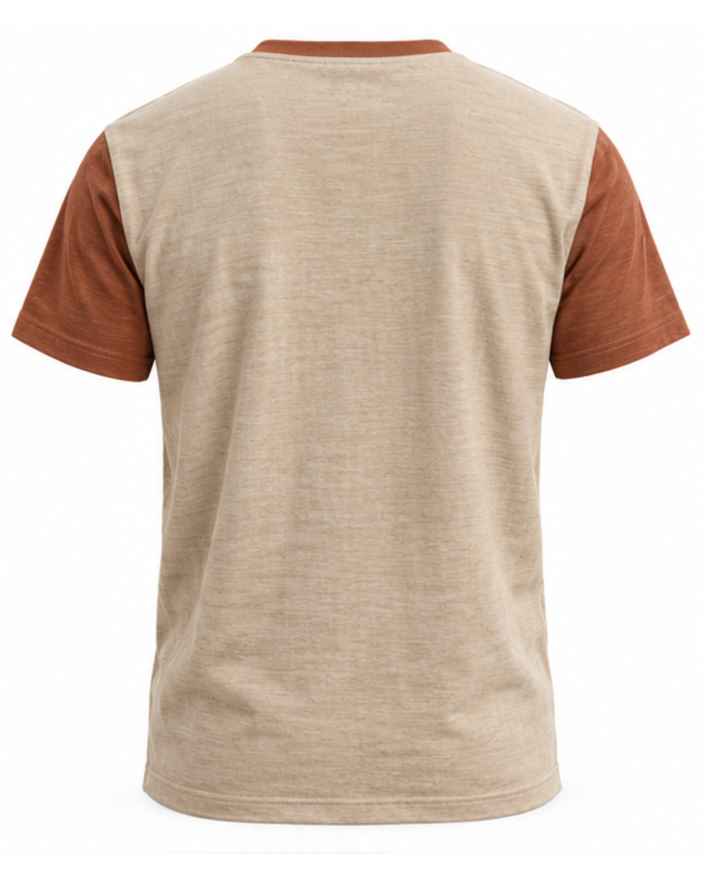 Camiseta de hombre beige arena con mangas terracota, vista trasera