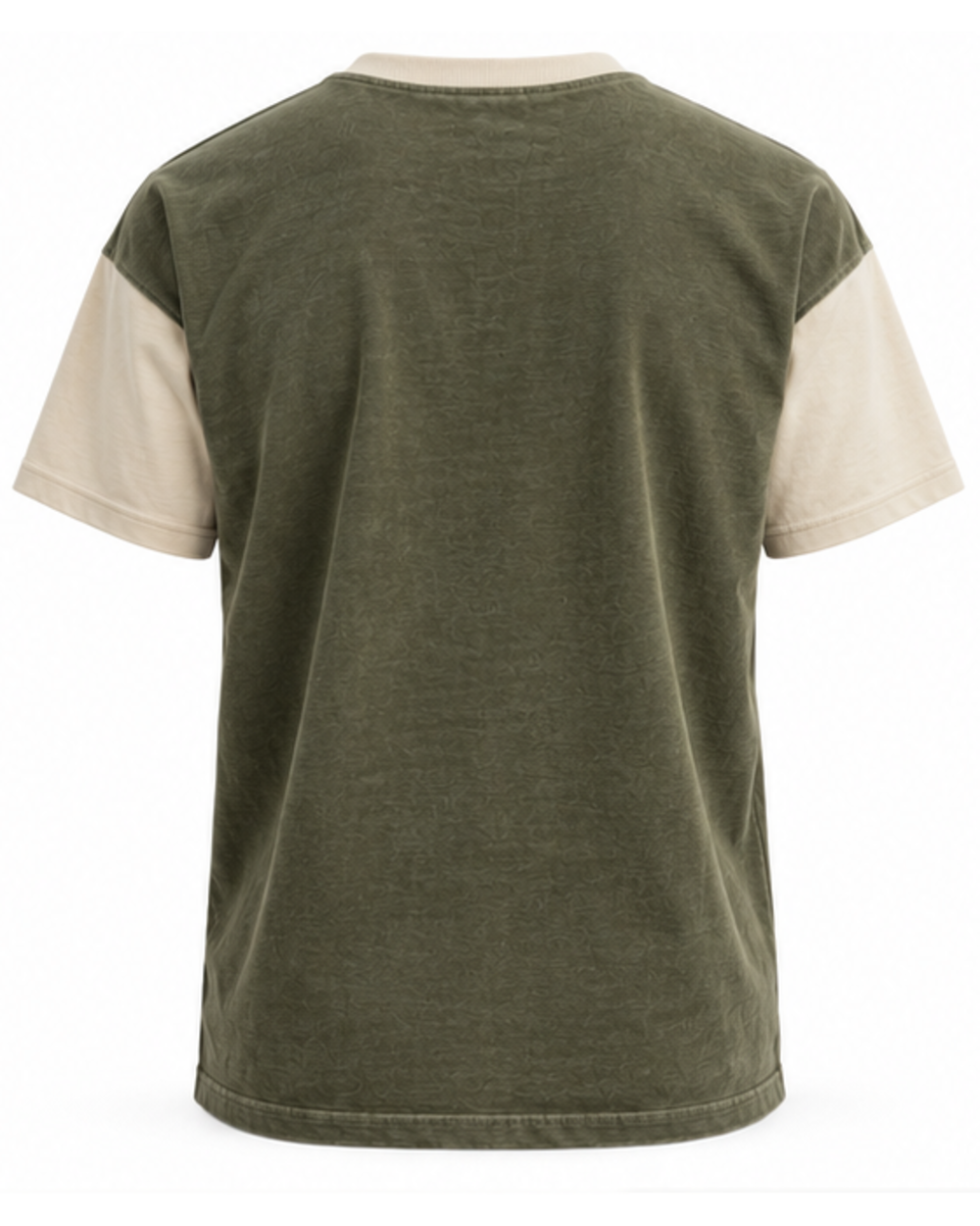 Camiseta holgada de hombre verde oliva con mangas crema, vista trasera