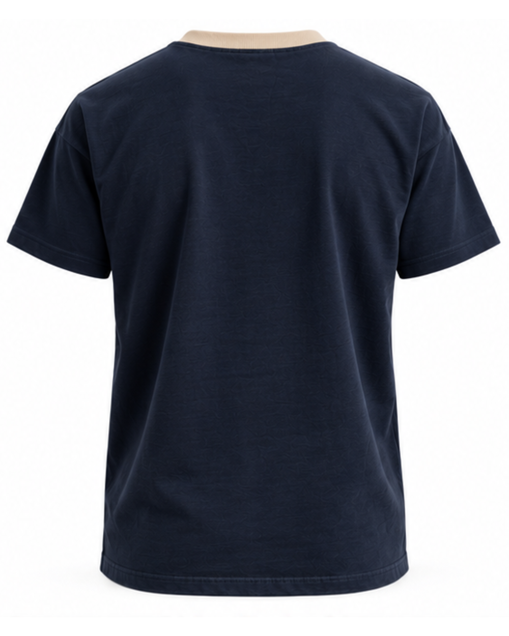Camiseta de hombre azul marino con cuello camel, vista trasera