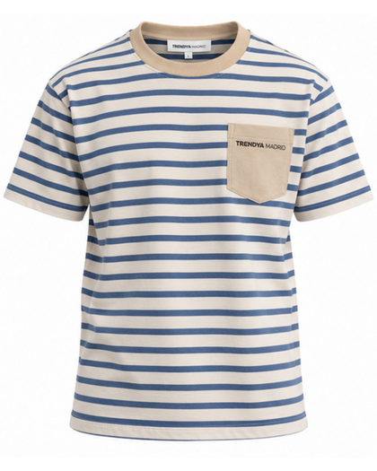 Camiseta de rayas de hombre crudo y azul con bolsillo arena, vista frontal