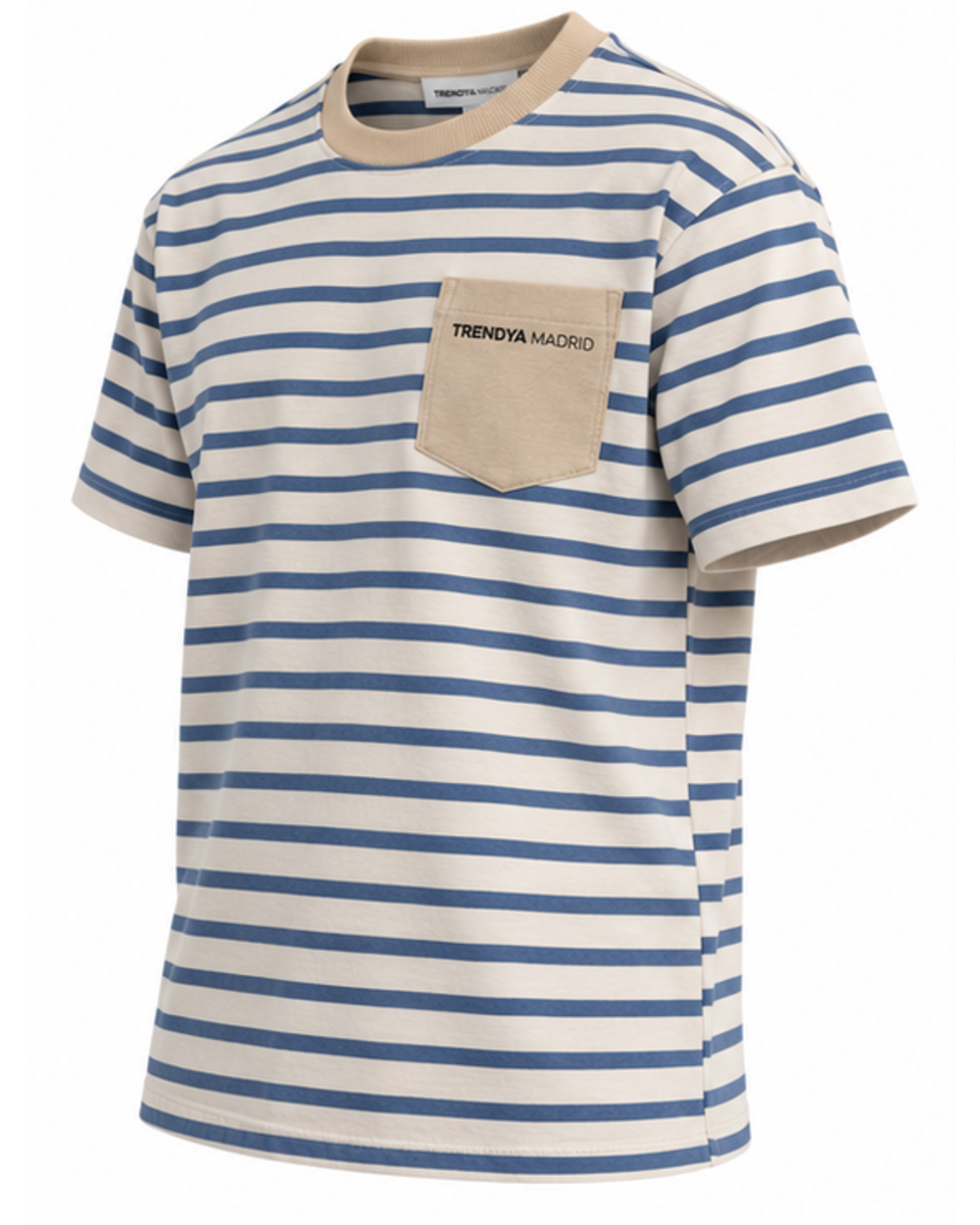 Camiseta de rayas de hombre crudo y azul con bolsillo arena, vista en tres cuartos