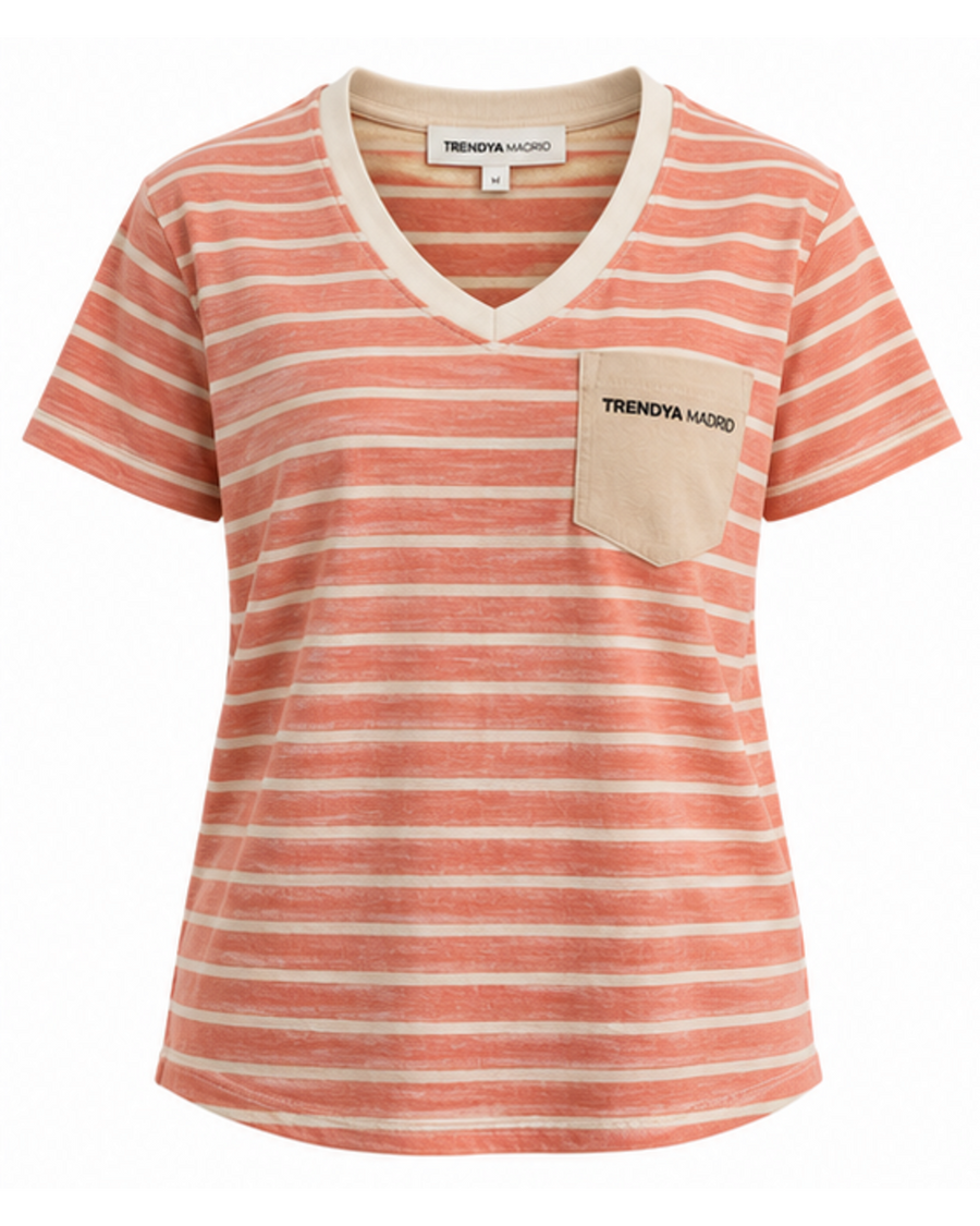 Camiseta de mujer de rayas coral y marfil con cuello de pico, vista frontal