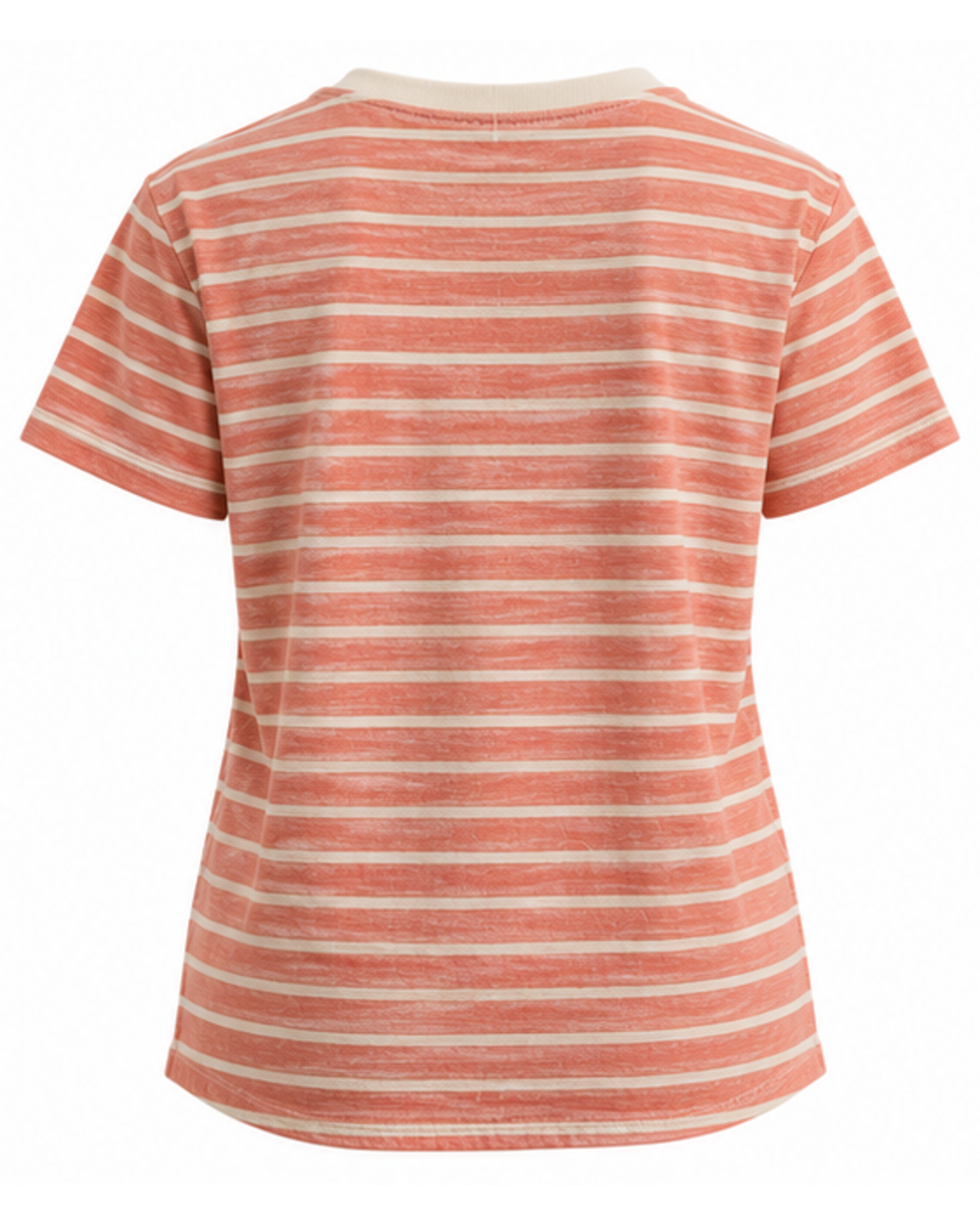 Camiseta de mujer de rayas coral y marfil con cuello de pico, vista trasera