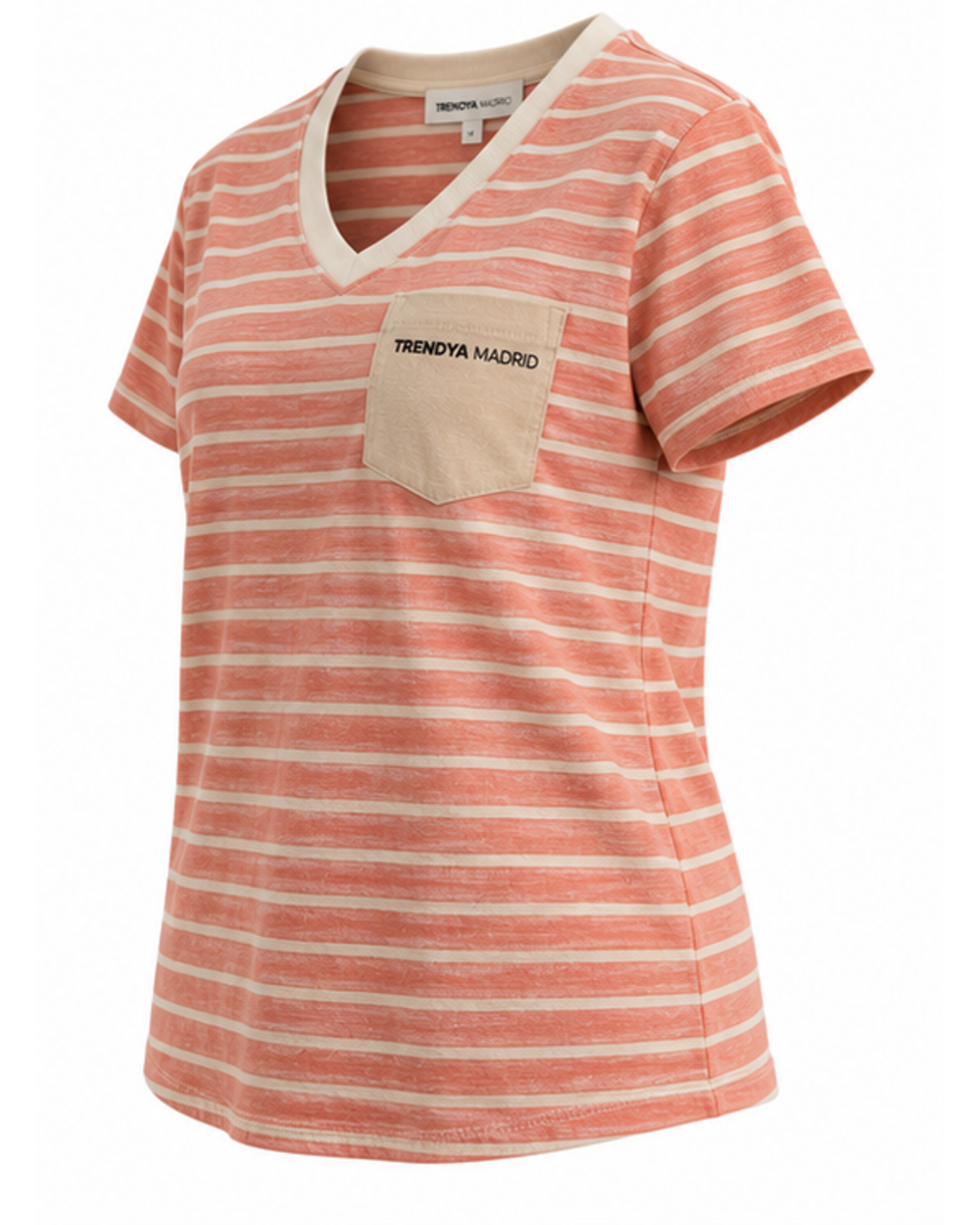 Camiseta de mujer de rayas coral y marfil con cuello de pico, vista en tres cuartos