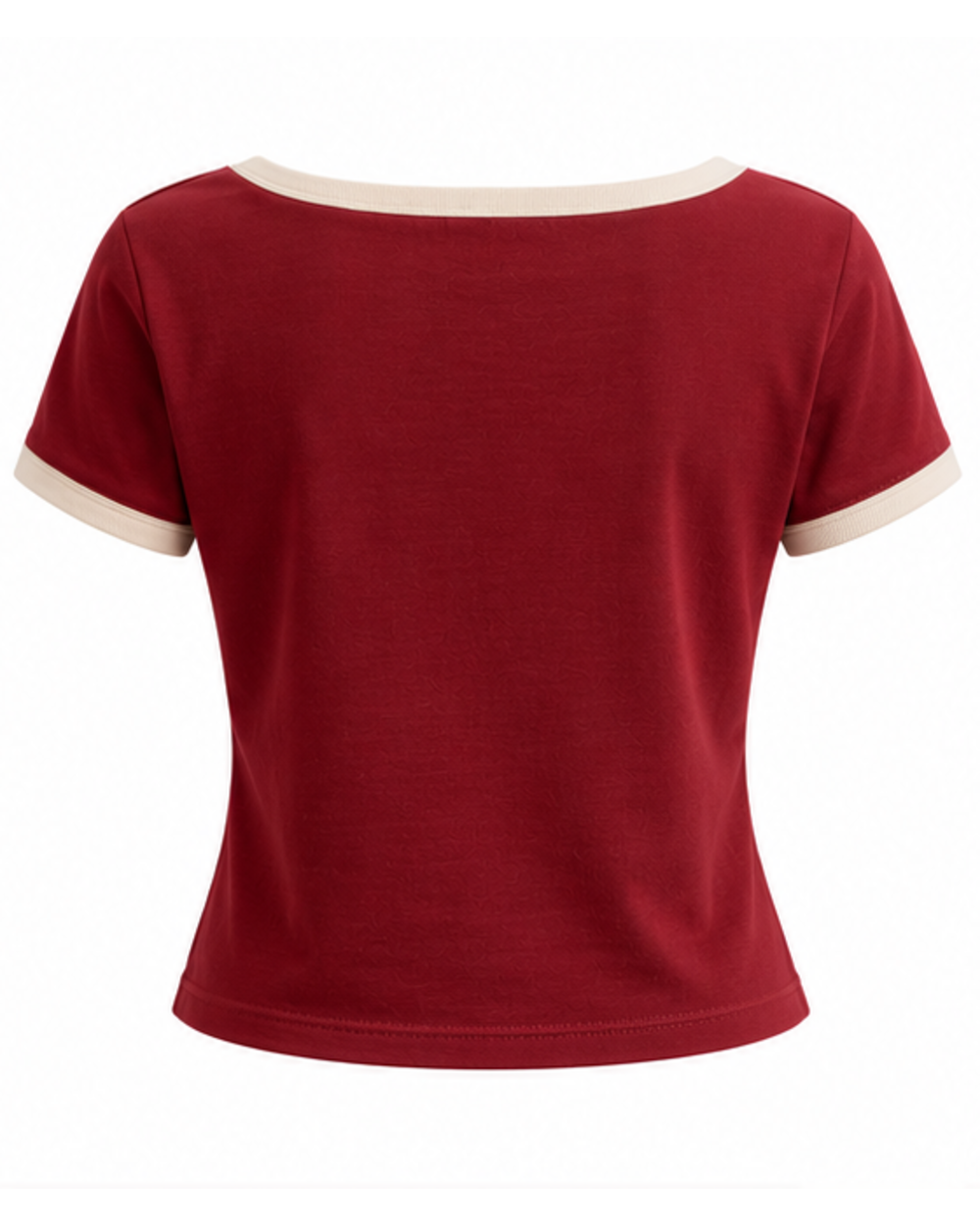 Camiseta entallada de mujer granate con escote cuadrado crema, vista trasera