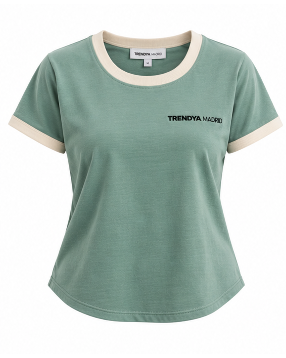 Camiseta de mujer verde agua con ribetes marfil, vista frontal
