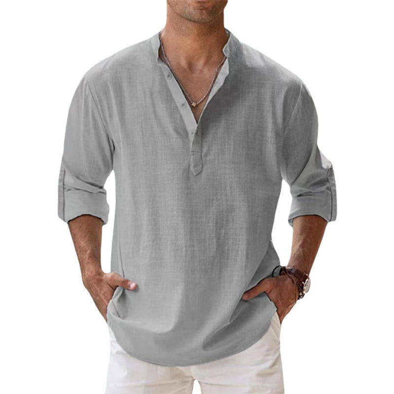 Camisa de Lino Estilo Henley para Hombre, Ideal para la Primavera y el Verano